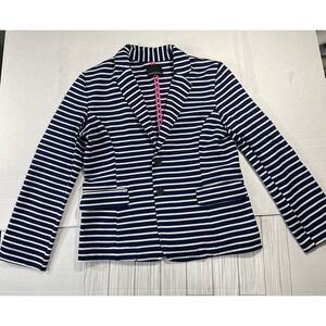 Cynthia Rowley Womens Navy & White Stripe Cotton Two Pocket Casual Jacket Size L